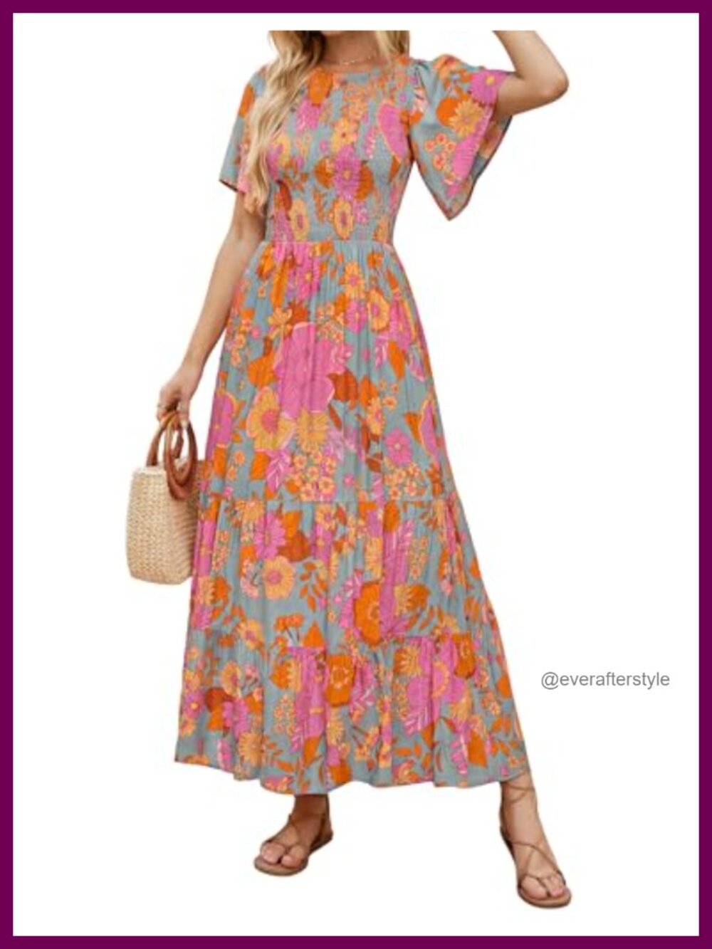 Boho Floral Smocked Maxi Dress Short Sleeve Tiered Ruffle